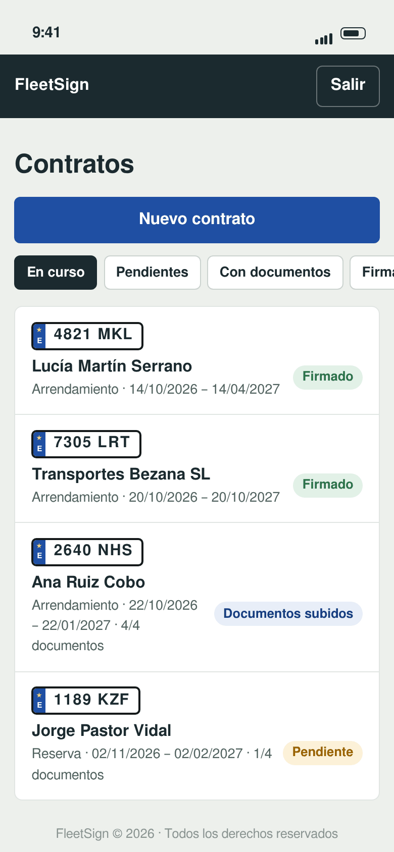 Lista de contratos con la matrícula, el cliente, las fechas y el estado de cada uno